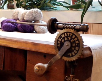 Vintage patented spool machine, mechanical weaving tool, hand driven, bobbin winder, U