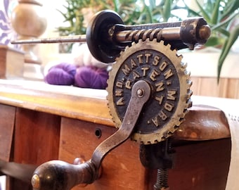 Vintage patented spool machine, mechanical weaving tool, hand driven, bobbin winder, T