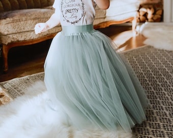 girl floor length tulle skirt, dusty blue wedding, flower girl skirt