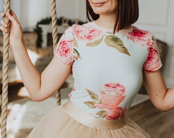 haut pour femme en jersey à manches courtes, imprimé maccaron et tea time