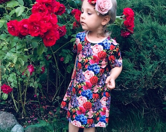 Girl jersey dress, rose print dress, birthday girl party dress