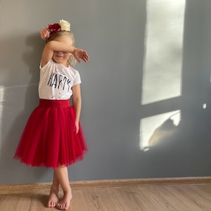 Girl tulle skirt red, fluffy toddler girl skirt zdjęcie 3