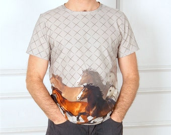 Mens T shirt with horses print from cotton jersey