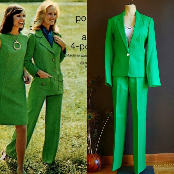 Vintage 70s Kelly Green Pantsuit and Skirt Suit