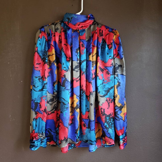 Vintage Womens 80s Colorful Pleated Silky Long Sle