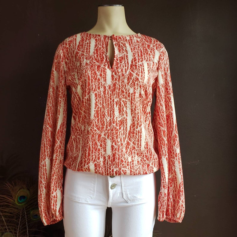 Vintage Womens 60s Blouse Long Sleeve Keyhole Red and Cream Top