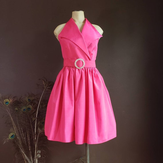 Vintage Womens 80s Hot Pink Halter Mini Dress