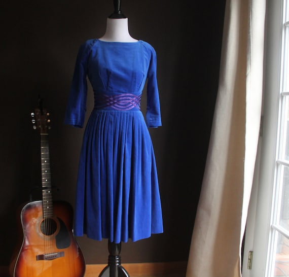 Vintage womens dress, 1950s Blue Velvet Dress, Ple