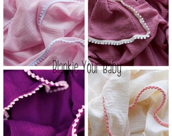 Create Your Own Gauze Muslin Swaddle Receiving Blanket: Choose Gauze and Pom Pom Trim - Made to Order