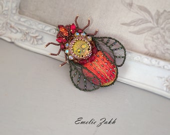 Beetle Orange Red Insect Brooch Pin Beetle with Beaded Wings Nature Jewelry Accessories Embroidery High Fashion