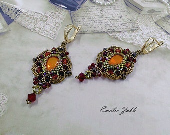 Beaded crystal earrings - Braided Orange opal cabochon  earrings - Beading Earrings - beaded crystal jewelry - Red Orange  earrings