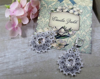Tatting lace Wedding chandelier earrings Earrings frivolite Crystal cabochon  Victorian style Filigrees earrings Tatting jewelry Silver 925