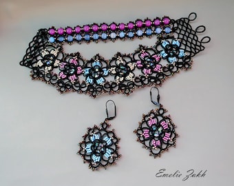 Black lace tatting bracelet earring Frivolite Filigree  tatting floral motif jewelry  Beaded fine lace jewelry beads natural stones