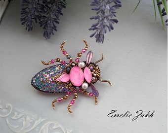 Bug gray pink  brooch insect pin beaded Scarab beetle Nature jewelry accessories