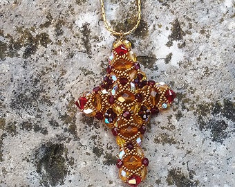 Beading pattern  crystal pendant cross - Beaded tutorial jewelry - PDF file containing instructions  making Crystal Cross Pendant