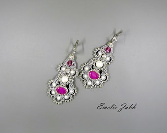 Macrame work jewelry Wedding swarovski chandelier earrings   Swarovski pink cabochon - white pearls macrame earrings  Macrame weaving