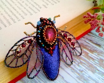 Beetle pink  blue Insect Brooch Pin Beetle with Beaded Wings Nature Jewelry Accessories