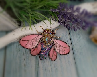 Beetle  Insect Brooch  Pink  with Beaded Wings Nature Jewelry Accessories Embroidery High Fashion