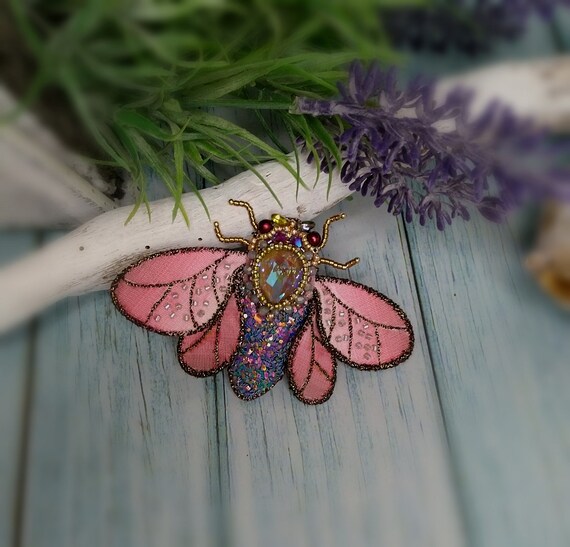 Beetle Insect Brooch Pink With Beaded Wings Nature Jewelry Accessories Embroidery High Fashion Etsy UK