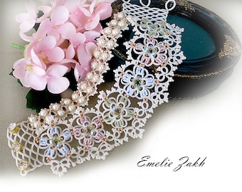 Frivolit vit spets armband manschett Frivolit filigran frivolit blommotiv smycken pärlfärgade fina spets smycken pärlor Frivolit smycken