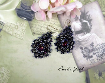 Tatting black lace chandelier earrings Earrings frivolite Pink cabochon  Victorian style earrings Tatting jewelry Gold filled 14 ct