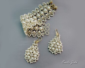 Tatting Lace bruids juwelen.  Beige ivoor ketting armband oorbellen. Swarovski parel frivolite sieraden