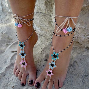 Barefoot sandals lace crochet Three pieces Anklets  +  bracelet Jewelery crochet for beach holiday Boho style jewelry Anklets crochet