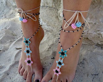 Barefoot sandals lace crochet Three pieces Anklets  +  bracelet Jewelery crochet for beach holiday Boho style jewelry Anklets crochet