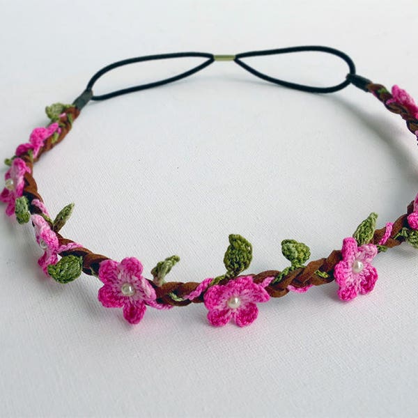 Crochet Pink olive leafs flower crown - Boho Wedding flower crown - Bohemian brimades crown - Adult flower crown - Side Flower crown