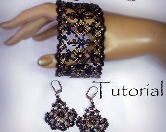 Perler de la dentelle noire Tutoriel de perles Boucles d'oreilles et bracelet tutoriel de perles instructions de bijoux modèle de perles Tutoriel de bijoux de tissage de perles