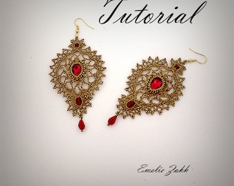 Earrings crochet tutorial - Pattern crochet jewelry scheme  + video - Long Chandelier Earrings crochet lace -  Bronze metal thread earrings