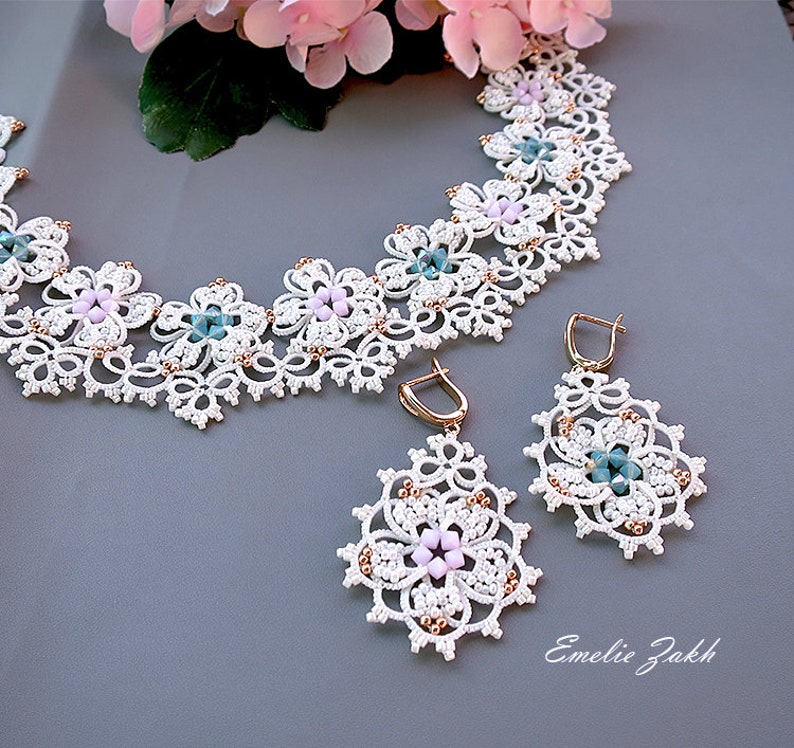 White lace tatting necklace earrings Set of wedding jewelry Frivolite jewelry Filigree beaded statement collar necklace Fine lace jewelry image 3