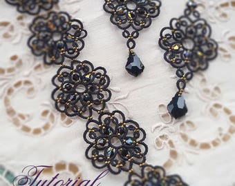 Black lace tatting frivolite tutorial jewelry  beaded Pattern  earrings bracelet  frivolite pattern instruction tatting  beading earrings