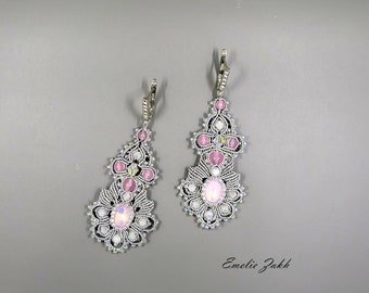 Macrame work jewelry Wedding swarovski chandelier earrings   Swarovski pink cabochon - white pearls macrame earrings  Macrame weaving