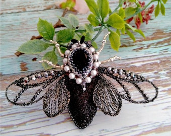 Beetle black gray silver Insect Brooch Pin Beetle with Beaded Wings Nature Jewelry Accessories Embroidery High Fashion