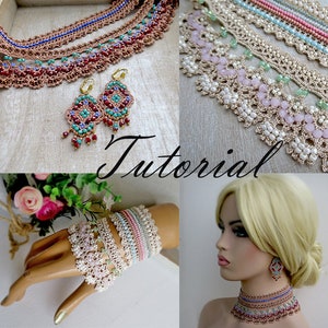 Puede incluir: Un conjunto de joyas de ganchillo que incluye un collar, una pulsera, pendientes y un collar gargantilla. Las joyas están hechas con cuentas y tienen un diseño delicado y femenino. Las joyas son en tonos de rosa, verde y marrón.