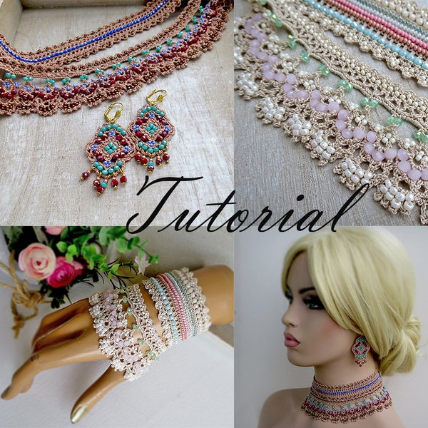 Pattern Crochet Necklace  Bracelet Cuff Earrings  Tutorial Ethnic Textile Jewelry Crochet Video Pattern PDF Jewelry Boho