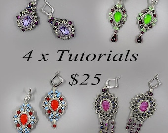 Earrings Beading Tutorials - Beading  Pattern - Earrings Making Tutorial - Braided cabochon Swarovski- earrings victorian style