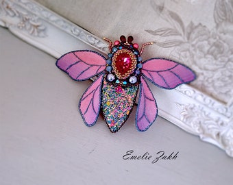 Beetle pink  violet Insect Brooch Pin Beetle with Beaded Wings Nature Jewelry Accessories Embroidery High Fashion