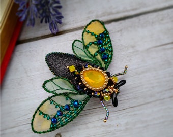 Beetle yellow green black Insect Brooch Pin Beetle with Beaded Wings Nature Jewelry Accessories