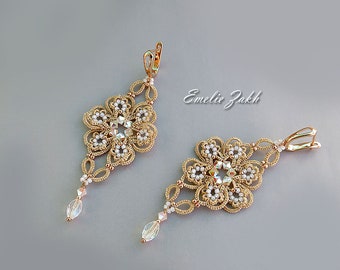 Tatting lace chandelier earrings - Long  lace frivolite earrings- Tatting jewelry  - Victorian style filigrees earrings Beaded swarovski