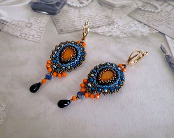 Chandelier crystal  beaded earrings - Braided Orange cabochon  earrings - Beading Drop Earrings - Beaded crystal jewelry