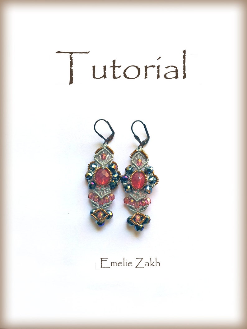 May include: A pair of silver and pink beaded earrings with a red gemstone in the center. The earrings are hanging from a white background with the word "Tutorial" and the name "Emelie Zakk" written below.