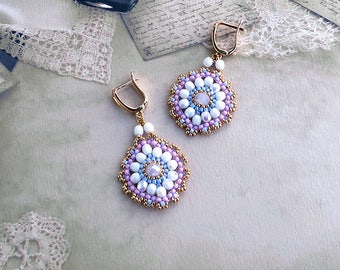 Chandelier crystal  beaded earrings, Braided white beads  earrings, Beading Earrings, beaded jewelry