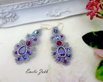 Lace earrings wedding Macrame jewelry for bride Pink purple Zirconium cube earrings  Swarovski Weaving  silver thread Victorian style