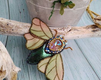 Beetle  Insect Brooch  Green yellow with Beaded Wings Nature Jewelry Accessories Embroidery High Fashion