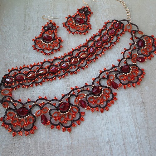 Lace tatting kit bracelet earring Frivolite Filigree jewelry shops Beaded fine lace jewelry Red Orange beads .