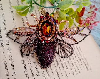 Beetle  brown red Insect Brooch Pin Beetle with Beaded Wings Nature Jewelry Accessories Embroidery High Fashion