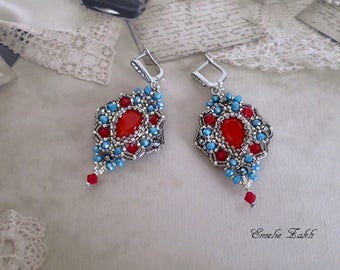 Coral red beaded earrings - Braided cabochon  earrings - Beading Earrings  silver 925 - Beaded  wedding jewelry - Blue red long earrings