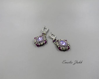 Swarovski Chandelier beaded earrings - silver 925 - Braided lavender cabochon earrings - Beading Earrings - Beaded Crystal Jewelry